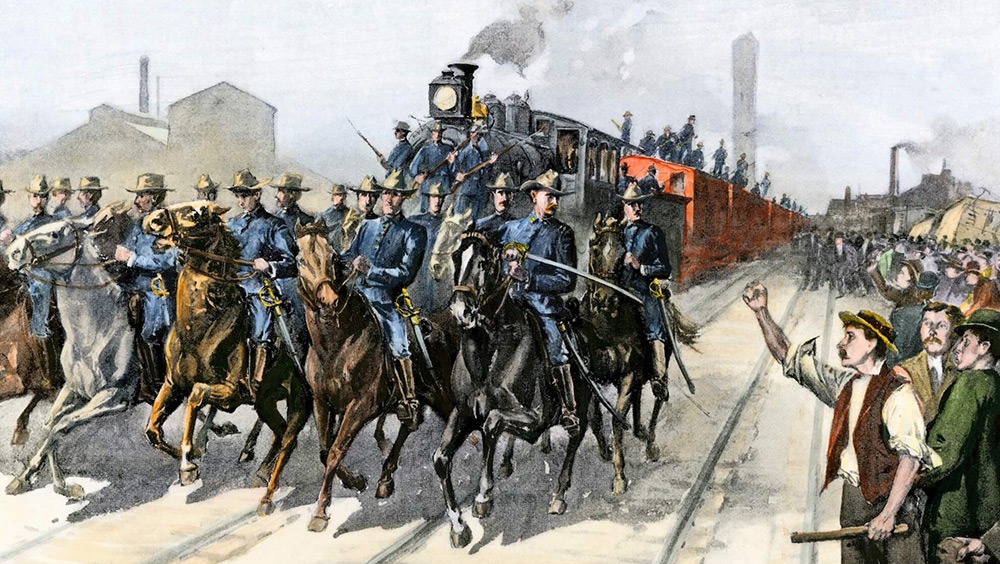 A freedom of assembly example showing the US Cavalry escorting a meat train from the Chicago stockyards during the Pullman Strike, 1894.