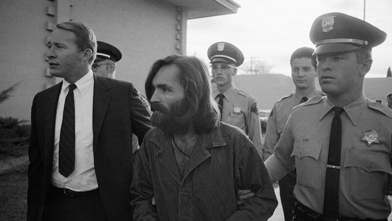 Charles Manson, leader of what's often referred to as the Manson Family cult, stares ahead as he arrives in court in 1969.