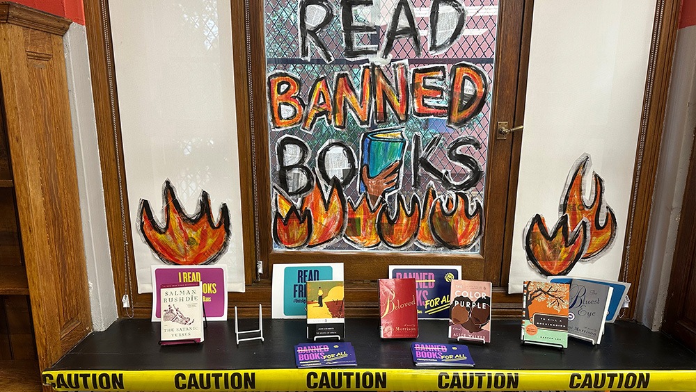 A Banned Books Week display at the Mott Haven branch of the New York Public Library in 2023.