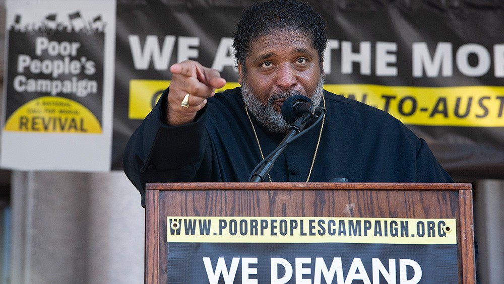 Rev. Dr. William J. Barber II speaks at the Texas State Capitol in 2021 to demand federal action on voting rights.