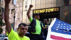 Donald Trump supporters demonstrate in front of the New York City Trump Tower building a day after the former U.S. President was injured during a shooting at a campaign rally.
