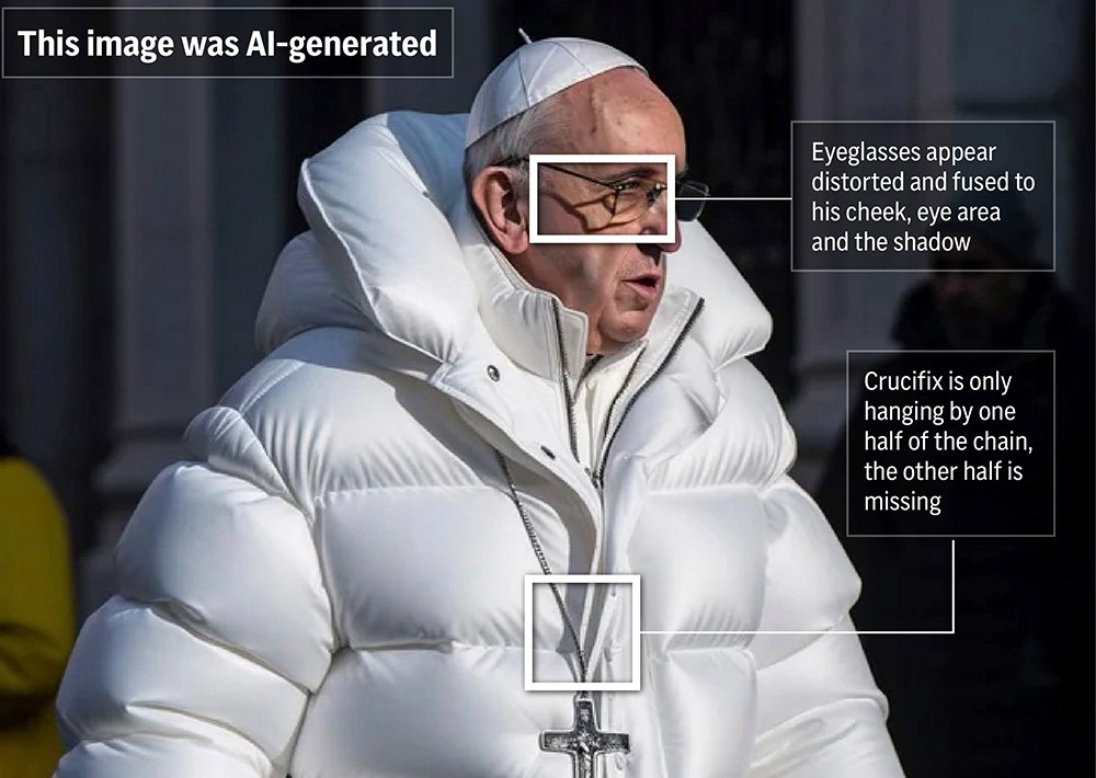 A graphic highlighting a few notable areas of a deepfake image of Pope Francis.