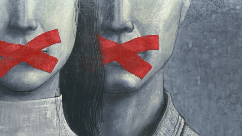 Illustration of two people with red tape over mouth representing refusing to speak