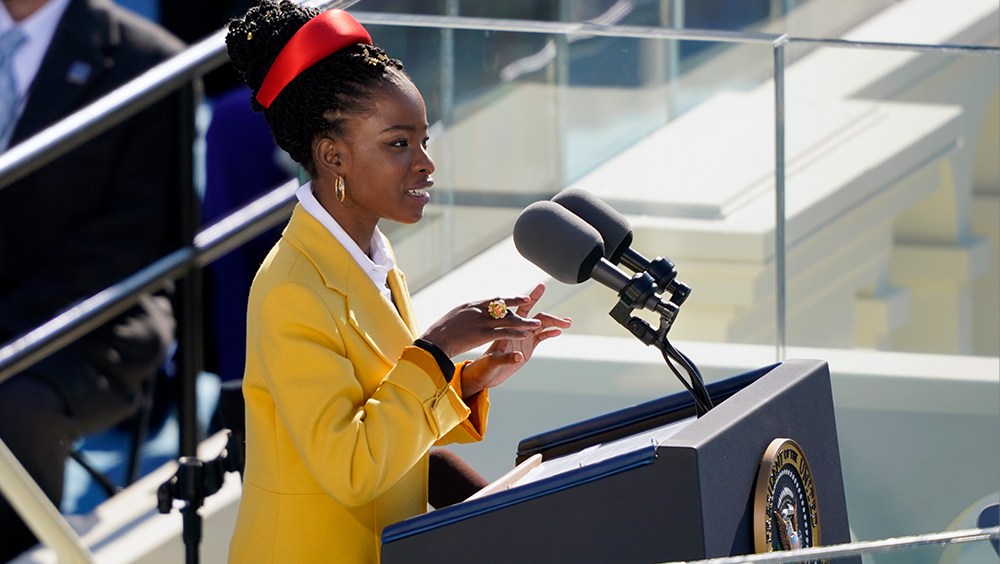 American poet Amanda Gorman reads a poem during the 59th Presidential Inauguration at the U.S. Capitol.