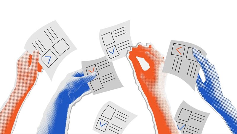 Illustration of red and blue hands raised up with ballots representing expressing yourself by voting