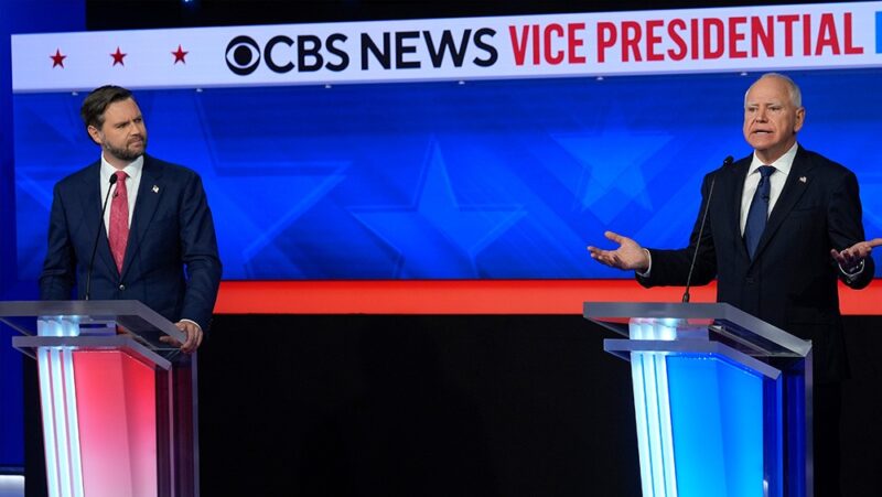 JD Vance and Tim Walz on stage during 2024 vice presidential debate