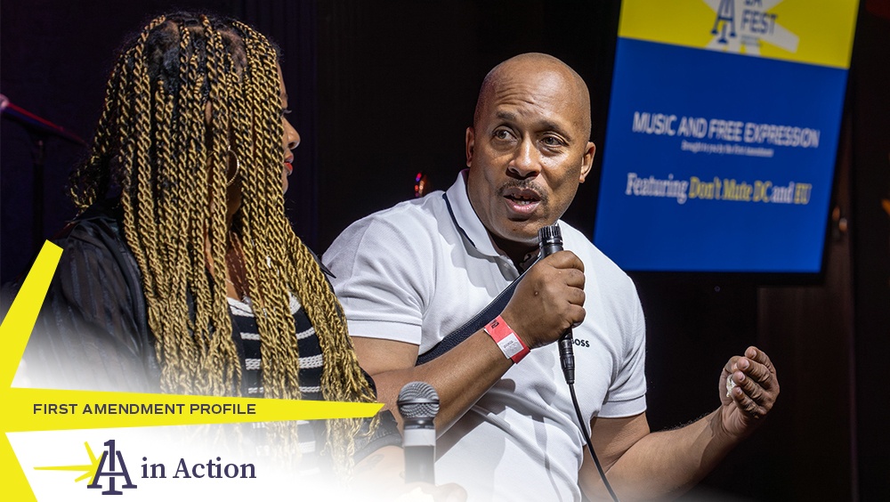 Don't Mute DC's Ronald Moten and Natalie Hopkinson speak on stage at Freedom Forum's 2024 1A Fest.