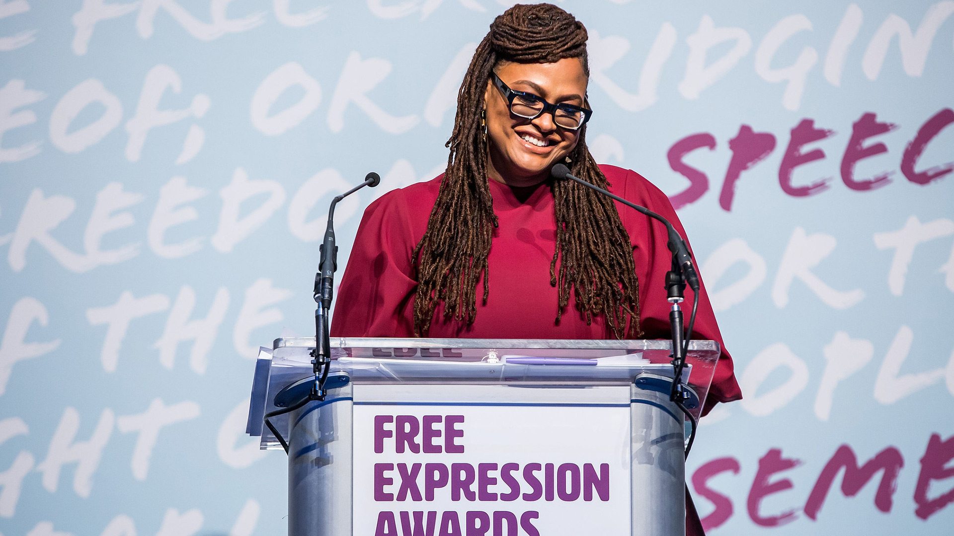 Filmmaker Ava DuVernay, honored for her barrier-breaking work, addresses the audience at the 2019 Free Expression Awards.