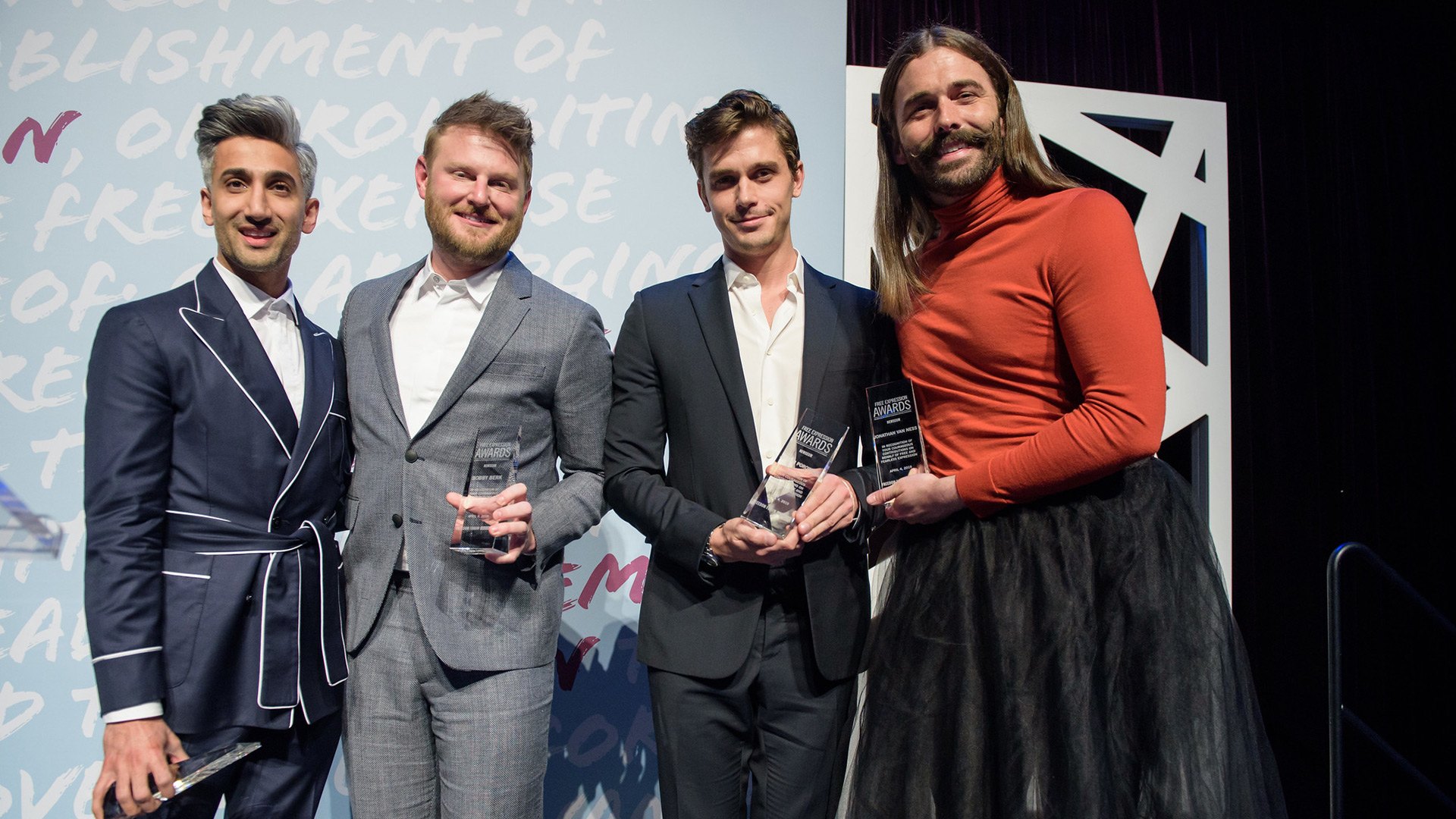 The cast of “Queer Eye,” the hit Netflix reality series, were honored in 2019 for using the powers of free expression to change the world, one makeover at a time. From left: Tan France, Bobby Berk, Antoni Porowski and Jonathan Van Ness (castmate Karamo Brown not pictured).