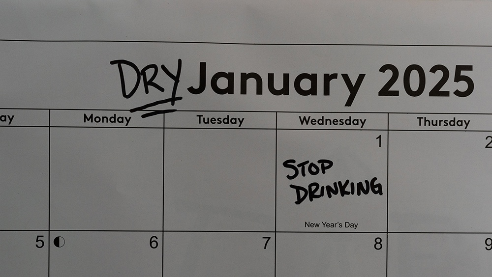 Calendar that reads "Dry January 2025"