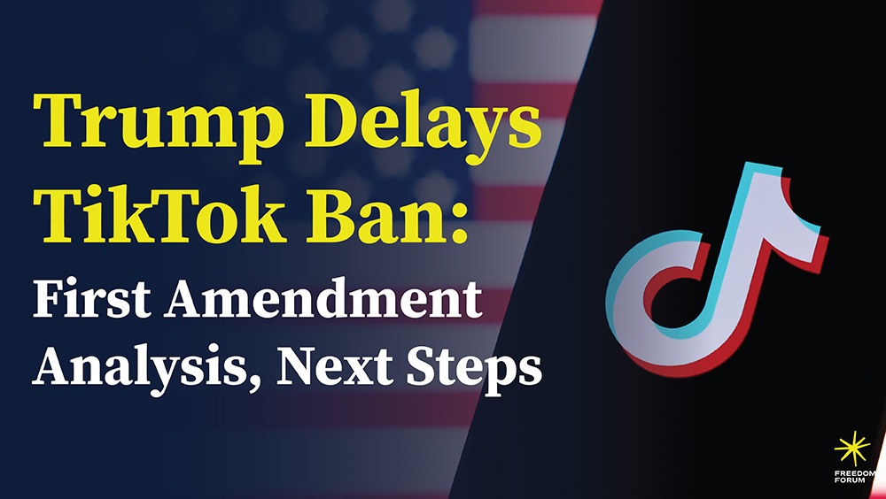 Phone with TikTok on screen displayed in front of American flag with text, Trump Delays TikTok Ban: First Amendment Analysis, Next Steps